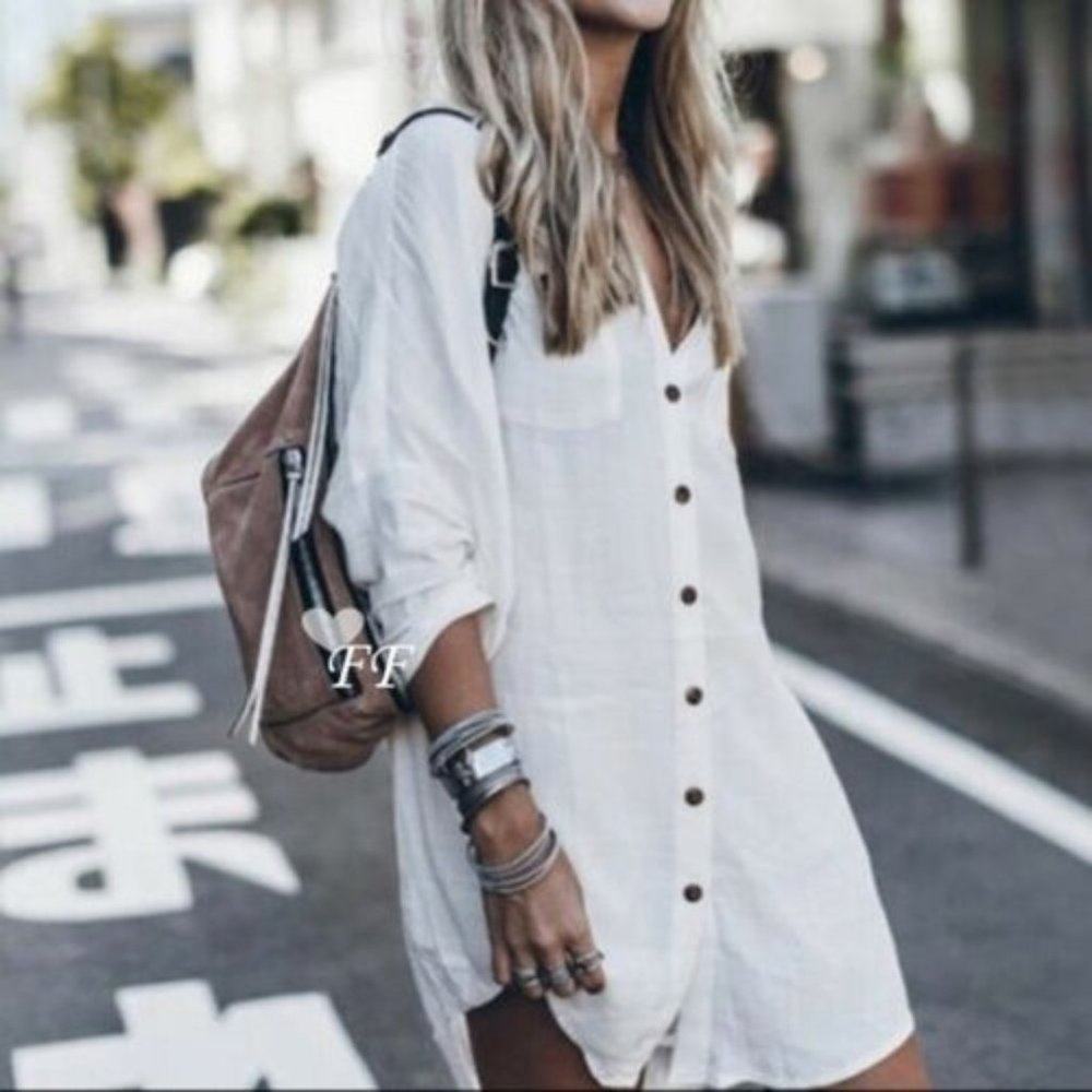 New White Long Sleeve Shirt Button Front Shirt Dress - Picture 2 of 7